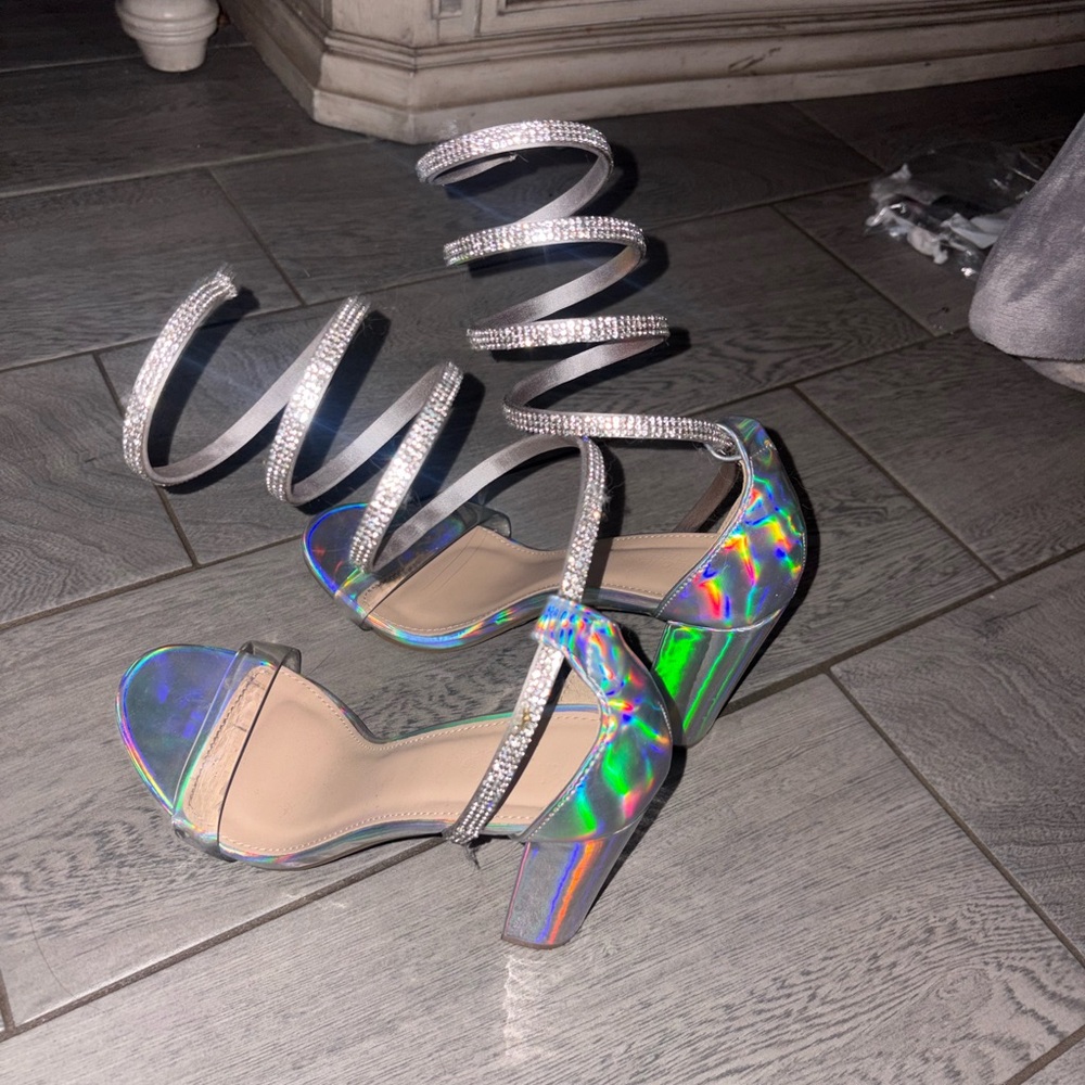 Iridescent Strappy Heels with Rhinestone Details